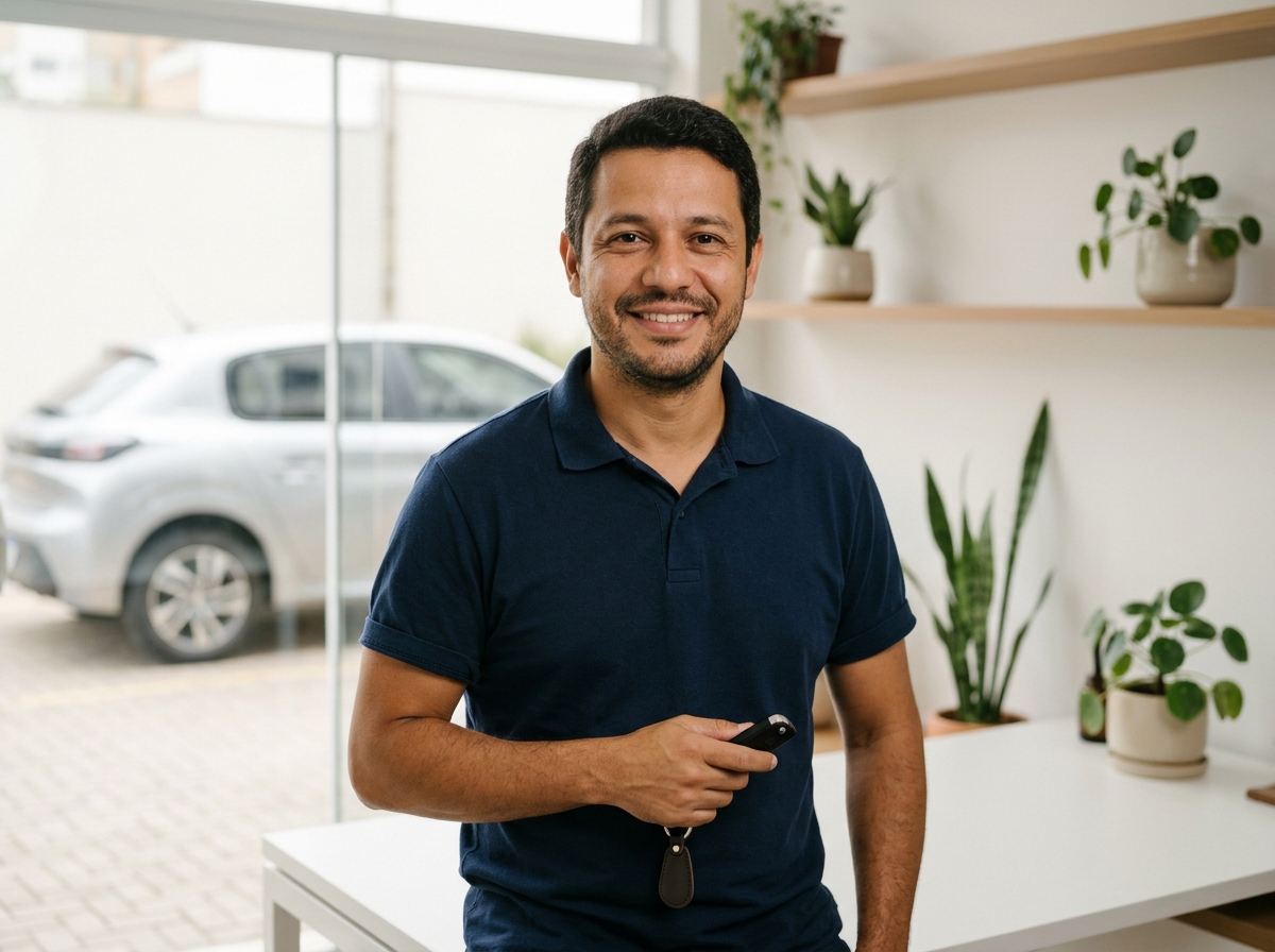 Consultor do escritório Bruno Despachante sorrindo com chave de veículo na mão